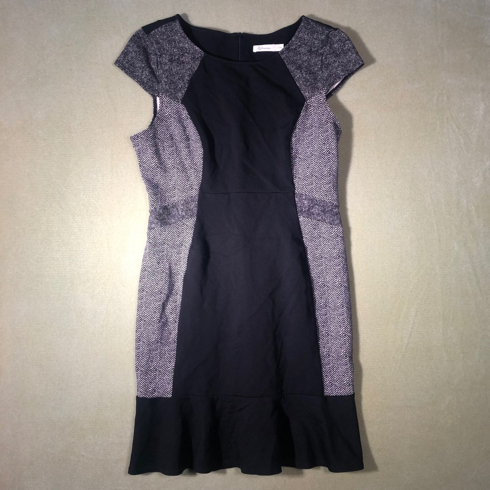 Reitmans Sheath Dress Womens Medium Black Gray Herringbone Ruffle Colorblock